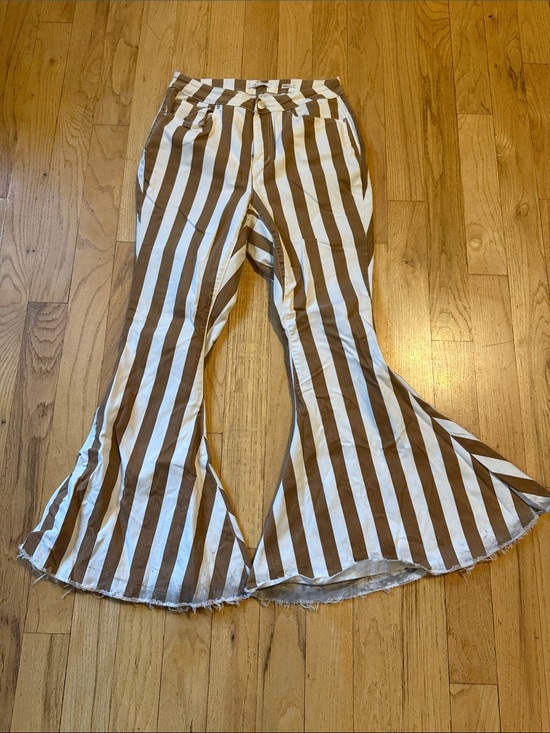 A Beautiful Soul Denim - Woman’s Striped Bell-Bottom Pants in Brown and White